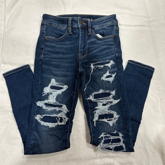 American Eagle Outfitters Ripped Dark Blue Skinny Jeans 00 short - Picture 3 of 3